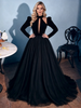 Black Tulle Long Sleeve Backless Prom Dress
