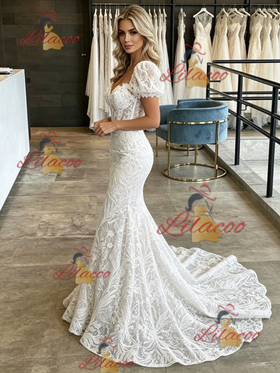 White Mermaid Lace Puff Sleeve Wedding Dress