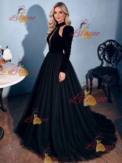 Black Tulle Long Sleeve Backless Prom Dress