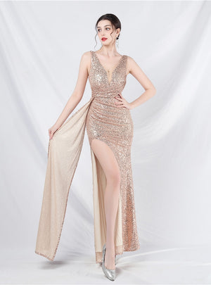 V-neck Sequins Split Prom Dress