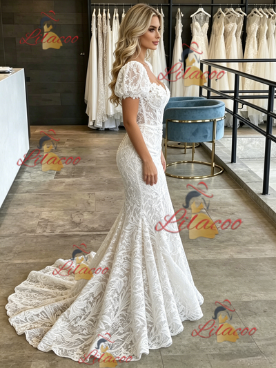 White Mermaid Lace Puff Sleeve Wedding Dress