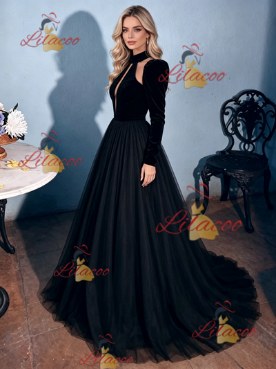 Black Tulle Long Sleeve Backless Prom Dress