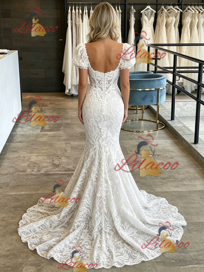 White Mermaid Lace Puff Sleeve Wedding Dress