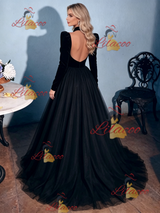 Black Tulle Long Sleeve Backless Prom Dress