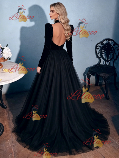 Black Tulle Long Sleeve Backless Prom Dress