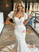 White Mermaid Lace Puff Sleeve Wedding Dress