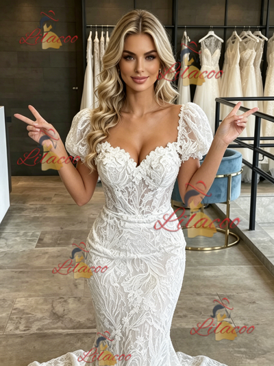 White Mermaid Lace Puff Sleeve Wedding Dress