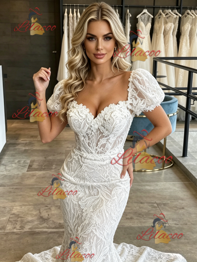 White Mermaid Lace Puff Sleeve Wedding Dress