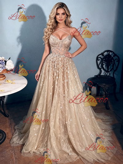 Champagne Sequins Straps Prom Dress