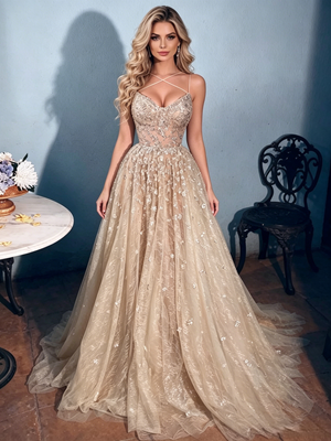Champagne Sequins Straps Prom Dress