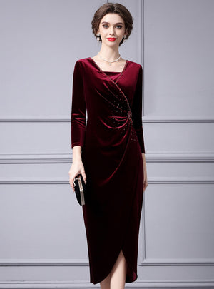 Burgundy Velvet Pleats Beading Mother Of the Brides Dress