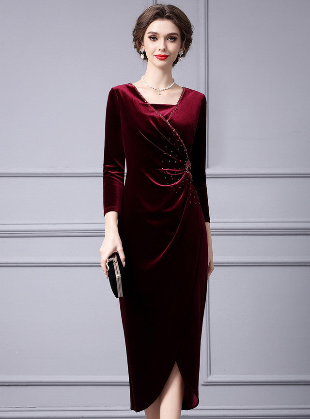 Burgundy Velvet Pleats Beading Mother Of the Brides Dress