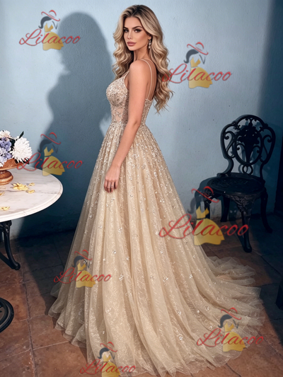 Champagne Sequins Straps Prom Dress