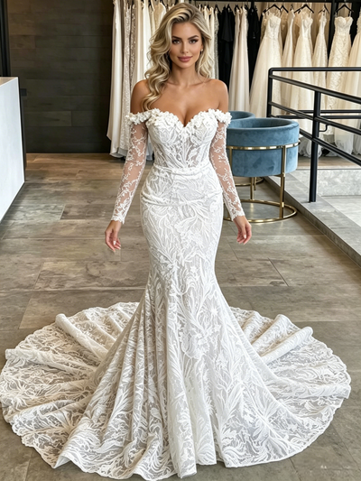 White Mermaid Lace Long Sleeve Wedding Dress