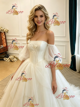 Ivory Tulle Strapless Puff Sleeve Wedding Dress