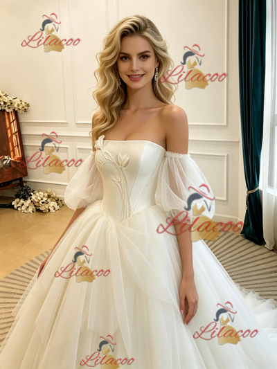 Ivory Tulle Strapless Puff Sleeve Wedding Dress