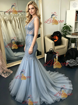Blue Gray Mermaid Tulle Prom Dress