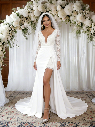 White Lace Long Sleeve V-neck Wedding Dress