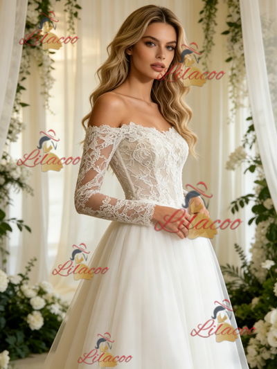 Beige White Tulle Lace Long Sleeve Wedding Dress