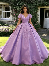 Purple V-neck Short Sleeve Appliques Quinceanera Dress
