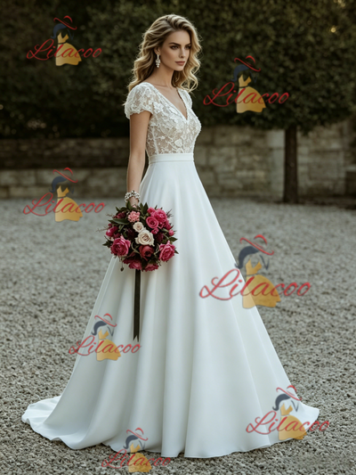 White Satin Cap Sleeve V-neck Wedding Dress