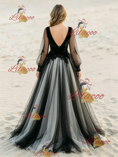 Black Long Sleeve Appliques Wedding Dress