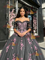 Gray Tulle Short Sleeve Appliques Quinceanera Dress