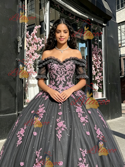 Gray Tulle Short Sleeve Appliques Quinceanera Dress