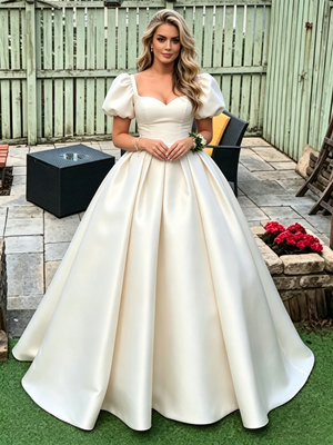 Ivory Satin Puff Sleeve Prom Dress