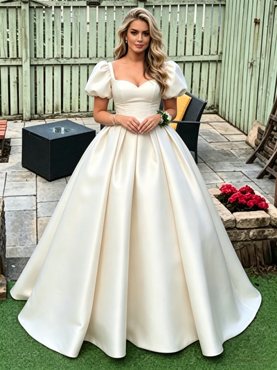 Ivory Satin Puff Sleeve Prom Dress