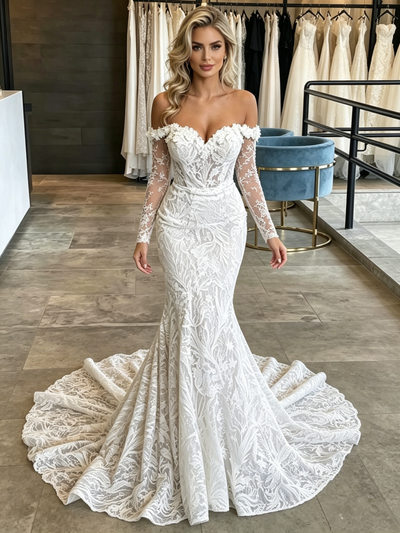 White Mermaid Lace Long Sleeve Wedding Dress