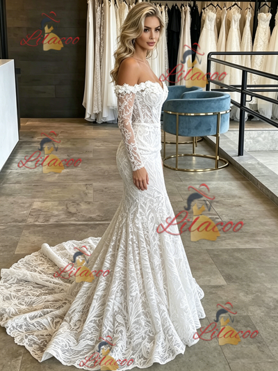 White Mermaid Lace Long Sleeve Wedding Dress