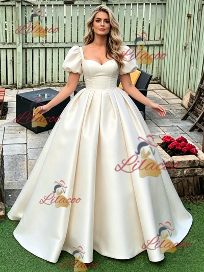 Ivory Satin Puff Sleeve Prom Dress