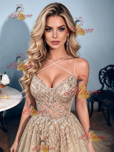 Champagne Sequins Straps Prom Dress
