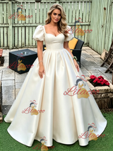 Ivory Satin Puff Sleeve Prom Dress
