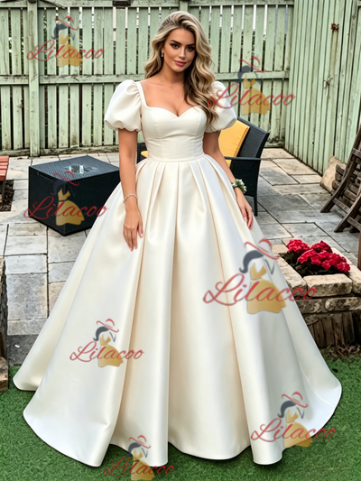 Ivory Satin Puff Sleeve Prom Dress