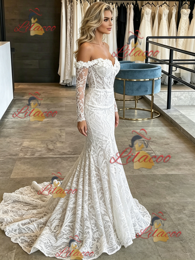 White Mermaid Lace Long Sleeve Wedding Dress