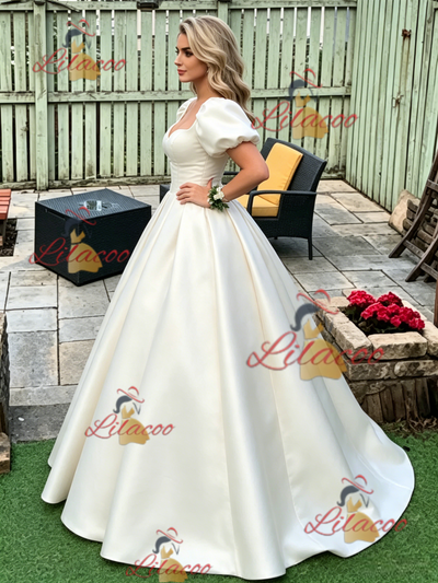 Ivory Satin Puff Sleeve Prom Dress