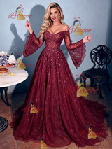 Burgundy Lace Long Sleeve Prom Dress