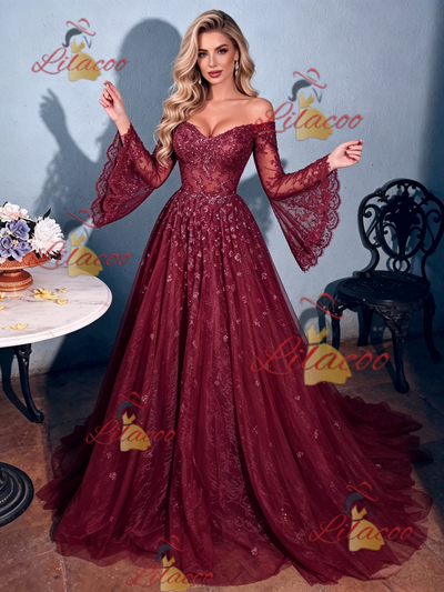 Burgundy Lace Long Sleeve Prom Dress