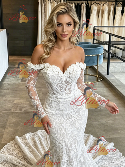 White Mermaid Lace Long Sleeve Wedding Dress