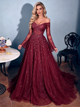 Burgundy Lace Long Sleeve Prom Dress