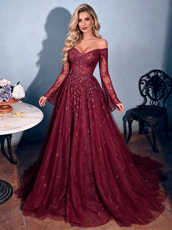 Burgundy Lace Long Sleeve Prom Dress