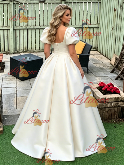 Ivory Satin Puff Sleeve Prom Dress