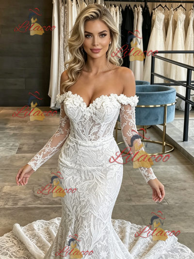 White Mermaid Lace Long Sleeve Wedding Dress