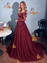 Burgundy Lace Long Sleeve Prom Dress