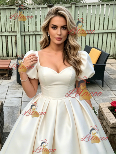 Ivory Satin Puff Sleeve Prom Dress