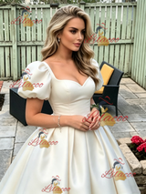 Ivory Satin Puff Sleeve Prom Dress