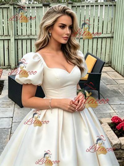Ivory Satin Puff Sleeve Prom Dress
