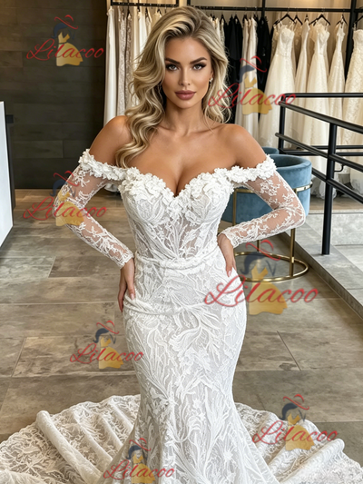 White Mermaid Lace Long Sleeve Wedding Dress